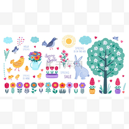可爱手绘标签图片_弹簧套。手绘花、鸟、兔子和书法