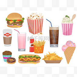 不同的美味快餐食品矢量插图集。