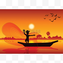 乡村剪影图片_乡村生活, 男子扔鱼网捕鱼船在池