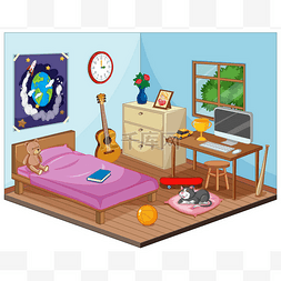 卡通画中儿童场景卧室的一部分