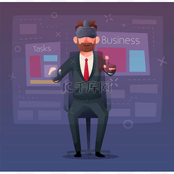 卡通虚拟现实图片_商人人物佩戴虚拟现实数码眼镜。