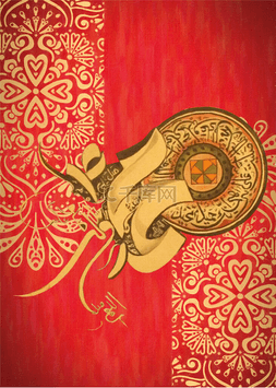 红色油画图片_阿拉伯风格的书法红色油画