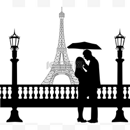 浪漫情侣在埃菲尔铁塔在巴黎下伞