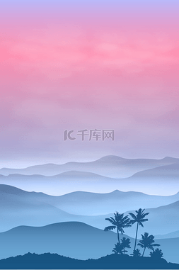 雾山图片_在雾中的山与棕榈树的背景