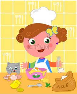 卡通厨师儿童矢量图片_可爱的女孩，烹饪厨师帽矢量