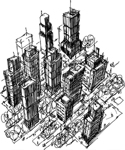 手绘的现代城市建筑草图与高楼大