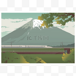 富士山矢量图片_远眺富士山和旅游火车.彩色矢量