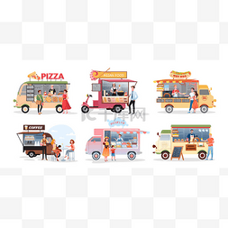 披萨卡通菜单图片_街市食品车,户外咖啡店矢量画集.