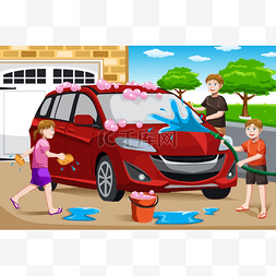 父亲和他的孩子洗车