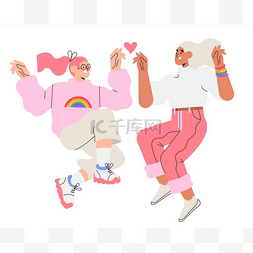 彩虹朋友图片_两个快乐跳跃的女人在时尚的平面