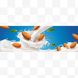 奶昔广告图片_杏仁奶与坚果的逼真飞溅