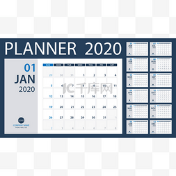 2020 日历规划器 - 矢量图。模板。
