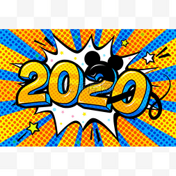 蓝色2020数字图片_新年好牌。单词气泡中的黄色数字