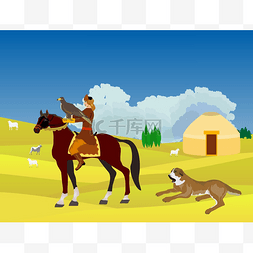 哈萨克斯坦图片_哈萨克斯坦景观，骑兵鹰猎人的狗