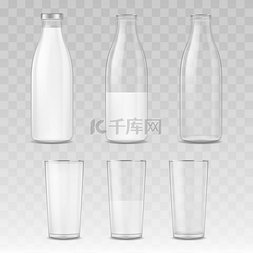 现实而详细的3D奶瓶和玻璃器皿。B