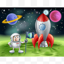 卡通宇航员和老式的火箭