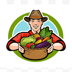 装满蔬菜的图片_快乐的农民拿着一个装满新鲜蔬菜