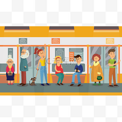 人们在地铁火车车厢，坐、 站立