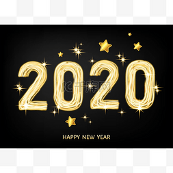 贺卡新年星星图片_2020快乐新年黑色背景与金黄星.
