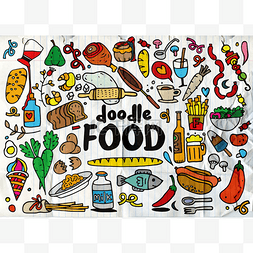 检检图片_食物和饮料的涂鸦元素草绘背景。