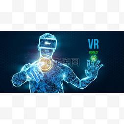虚拟现实头盔图片_Vr耳机全息图低多线框矢量横幅。