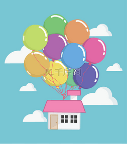 大量气球图片_房子，有大量的五颜六色的气球飞