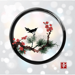 鸟水彩画图片_日式松树枝上的鸟水彩画