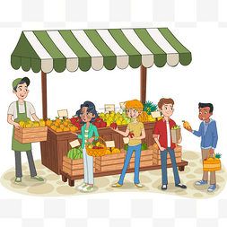 一群卡通少年在街市摊位上买水果