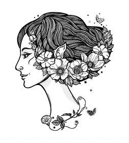 年轻女孩女巫与鲜花的波特雷。神