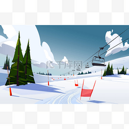 载客电梯图片_阳光普照的冬山全景，有滑雪场和