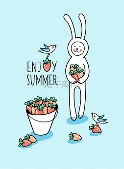 可爱水桶图片_享受夏日贺卡。兔子宝宝在水桶里