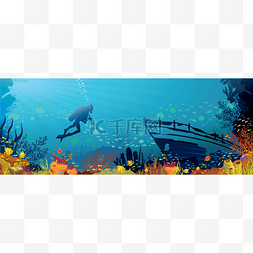 大海的背景素材图片_彩色的珊瑚与鱼和潜水员