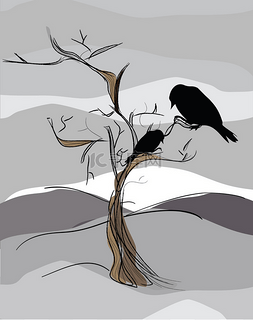 两个插图乌鸦坐在树上与冬季景观