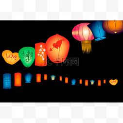 飘扬灯笼图片_五彩斑斓的中国空气灯笼在夜空中
