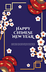 Flower Fan Happy Chinese New Year Celebration Blue Greeting Card