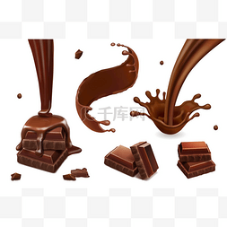 巧克力液图片_一组矢量飞溅和融化的黑巧克力滴