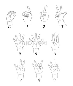 素描人体手部标志 0 到 9 的一套