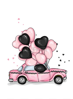 童画海报图片_汽车与气球在心脏的形状。出租车