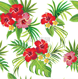 木槿和棕榈叶热带花卉图案