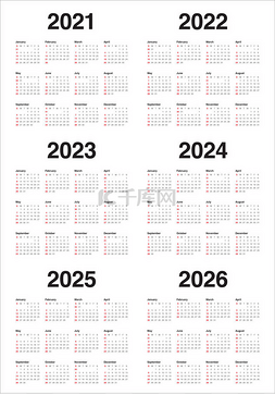 2021 2022 2023 2024 2025 2026日历向量设