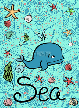 手绘手绘鲸鱼图片_海鱼卡通形象。蓝色背景与星。- 