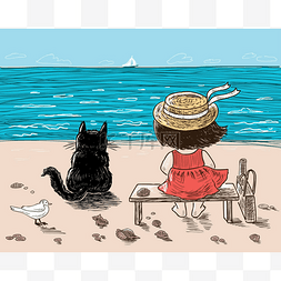 和她图片_一个小女孩和她的猫坐在海边