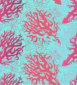 海礁无缝图案与蓝色背景的珊瑚.
