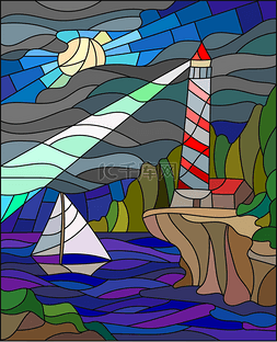 大海背景图图片_在彩色玻璃风格与海景、 灯塔和