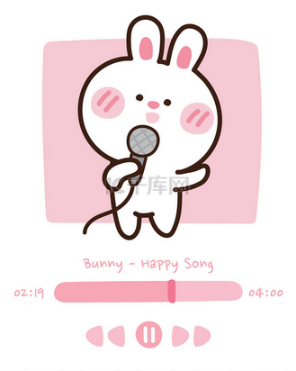 可爱的兔子在手机的音频播放器应用程序上唱歌面色卡通动物的设计