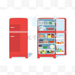 复古红色关闭和打开冰箱的食物全