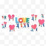 Concept of love. Mini people with red hearts in hands. Men and women holding heart and word Love. Valentine day. Love and relationship. Flat design, vector illustration.