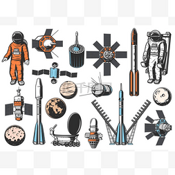 太空探索的图标设定。身穿宇航服