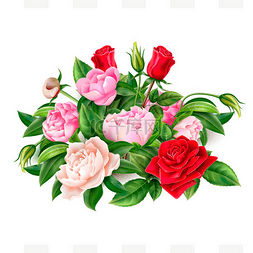 矢量逼真的红玫瑰牡丹优雅的花束