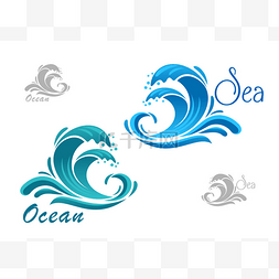 Blue sea waves icon with water splash